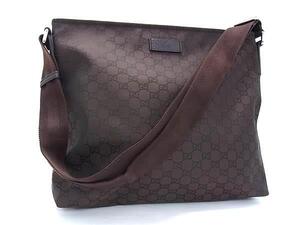 1円 ■美品■ GUCCI グッチ 339569 GG柄 ナイロン×レザー ショルダーバッグ クロスボディ 斜め掛け レディース メンズ ブラウン系 BN1523