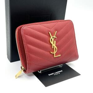 未使用級◆SAINT LAURENT サンローラン 二つ折り財布 ２つ折り コンパクトウォレット YSL カサンドラ キルティング キャビアスキン レッド