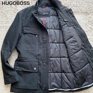 未使用級/XLサイズ相当●HUGOBOSS ヒューゴボス ジャケット 切替 ブルゾン レザー 本革 キルティング ミリタリー ブラック 黒 M-65 1円