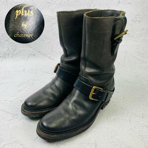 【希少】ショセ plus by chausser エンジニアブーツ ヌバック 黒 ブラック 22.5cm ワーク テング 日本製 コマンドソール ストラップ