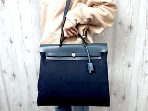 極美品 HERMES エルメス エールバッグ MM トートバッグ ハンドバッグ ショルダーバッグ トワルオフィシ×レザー 紺 A4収納可 2WAY 78776