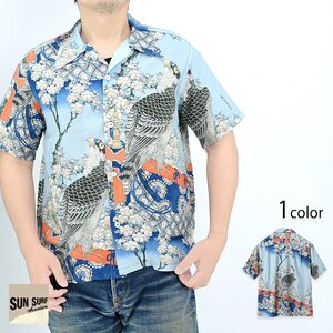 SUN SURF × 葛飾北斎 SPECIAL EDITION 「桜花に鷹図」アロハシャツ◆SUN SURF ブルーSサイズ SS39327 和柄 和風 サンサーフ 日本製