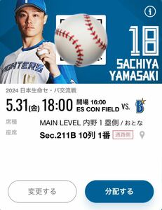 【通路側連番】エスコンフィールド北海道 5/31 対横浜DeNAベイスターズ戦 ペアチケット