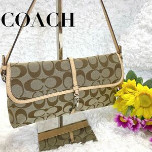 美品☆COACHコーチ アクセサリーポーチ ショルダーバッグ シグネチャー キャンバス ベージュ×ブラウン