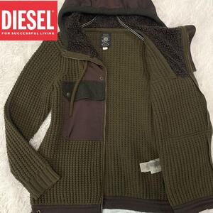 美品/L-XL相当●DIESEL【3D:凹凸◆ワッフルニット ジャケット:ブルゾン:パーカー】ローゲージ メランジウール 厚手 レザーロゴ ディーゼル