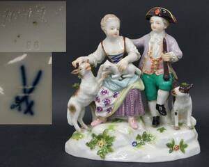 【閑】オールドマイセン MEISSEN『羊飼いの男女(犬と羊の親子)』陶器人形置物 19世記中期作品 アンティーク☆美品☆保証書付R30228■