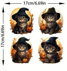 S5【新品未使用】4枚 猫 ハロウィン シール ステッカー 動物 ハロウィーン Halloween 魔女 カボチャ 仮装 飾り 装飾