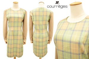 Y-7517★美品★courreges paris クレージュ パリ★正規品 ベージュ チェック ブランドロゴ刺繍 切り替え 長袖 ニット ワンピース 9号 M