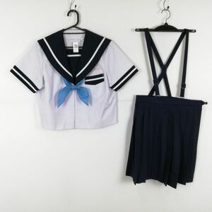 1円 セーラー服 ミニスカート スカーフ 上下3点セット 夏物 白1本線 女子 学生服 宮崎中学 白 制服 中古 ランクC NA7911