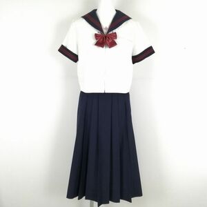 1円 セーラー服 スカート リボン 上下3点セット トンボ 夏物 赤3本線 女子 学生服 東京日本大学豊山女子中学 白 制服 中古 ランクC NA9057