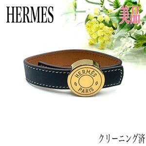 HERMES エルメス ブレスレット バングル セリエ レザー ブラック×ゴールド系 刻印 アクセサリー本革 革