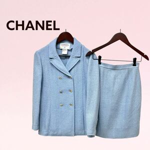 高級 CHANEL シャネル 98P P10451V06374 ヴィンテージ ウール混 ココボタン 裾チェーン ツイード ジャケット＆スカート セットアップスーツ