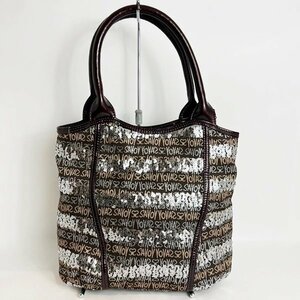 訳あり美品 SAVOY サボイ ロゴ スパンコール ハンドバッグ ブラウン×パープル系 キャンバス×パテントレザー エナメル 中古 格安 S1920