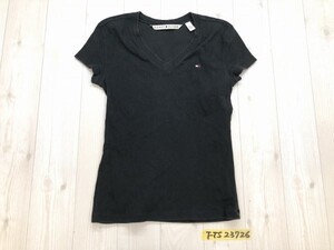 TOMMY HILFIGER トミーヒルフィガー レディース Vネック 綿 ロゴ刺繍 綿 ストレッチ 半袖Tシャツ S 黒