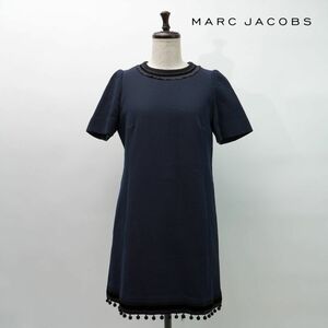 MARC JACOBS マークジェイコブス ウール シルク 半袖Aラインワンピース フリル 膝丈 レディース 紺 ネイビー サイズ4*MC951