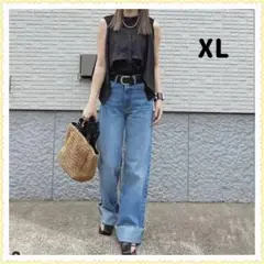 XL デニム　ハイウエストデニム　ワイドパンツ　フランジ　脚長効果 細見え 安い