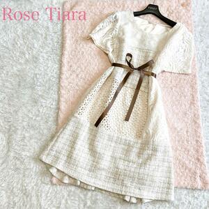 美品 Rose Tiara ローズティアラ ミディ丈ワンピース 42 XL 総レース　ツイード 高級　大きいサイズ　セレモニー　結婚式　イベント