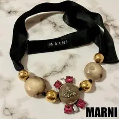 MARNI マルニ ピンク ビジュー 天然石風 リボン ネックレス チョーカー