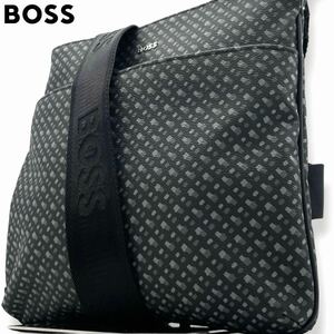 未使用級/現行品●HUGO BOSS ヒューゴボス レザー ショルダーバッグ サコッシュ クロスボディ 革 メンズ ビジネス ロゴ総柄 ロゴプレート