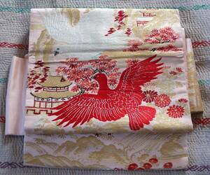 アンティーク 金糸 刺繍 名古屋帯 ハト 鳩 紅白 ヴィンテージ 着用△ 正絹 リメイク ピンク 豪華 お祝い 晴れ着