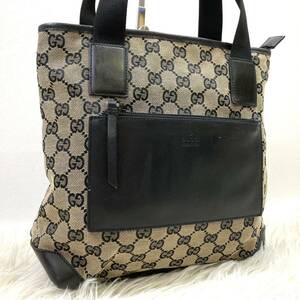 1円 【美品】 GUCCI グッチ トートバッグ ハンドバッグ キャンバス レザー GG柄 ブラック グレー メンズ レディース 