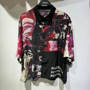 YOHJI YAMAMOTO POUR HOMME YUUKA ASAKURA SILK SATIN RED PAINTED PATTERN ALOHA SHIRT Size-2 HG-B82-448