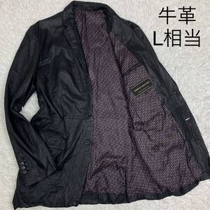 美品 L相当 【極上カウレザー】裏地総柄 comme ca collection コムサ テーラードジャケット シングル ブラック 黒 2B 本革 ストライプ 牛革