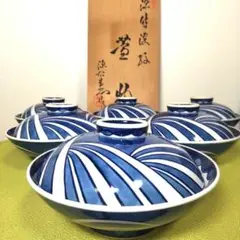 源右衛門 どんぶり 波 染付 蓋物 染錦 丼 小どん 中 6客 手描き 木箱