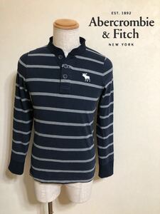 【良品】 Abercrombie & Fitch アバクロンビー&フィッチ ヘンリーネック ボーダー Tシャツ トップス サイズS 175/92Y 長袖 ネイビー グレー