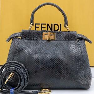 １円【希少 美品】FENDI フェンディ ピーカブー ハンドバッグ ショルダーバッグ 斜め掛け パイソン レザー ネイビー 箱/ギャランティ付