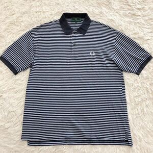 超希少XL相当！フレッドペリー【夏の定番】FRED PERRY ポロシャツ 半袖 ボーダー ネイビー×グレー系 ワンポイントロゴ刺繍 鹿の子 LL