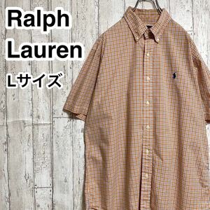 ☆送料無料☆ Ralph Lauren ラルフローレン 半袖 ボタンダウンシャツ L オレンジ チェック柄 ビッグサイズ 刺繍ポニー 23-19