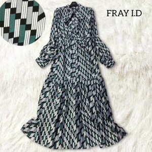 33 【FRAY I.D】 フレイアイディー ボウタイ ロングワンピース 0 緑 グリーン 総柄 ジオメトリック フレア Aライン 長袖 バンドカラー 2way