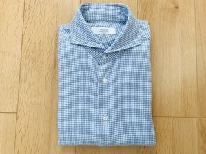 【良品】ANGLAIS アングレー＊千鳥格子柄＊起毛ホリゾンカラーシャツ＊白×淡ブルー＊M