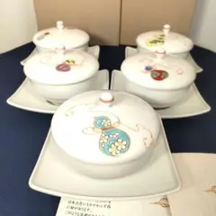 深川製磁 花ひょうたん 瓢箪 蓋付き 湯飲み 舟型 茶托 ホワイト 白磁 箱付