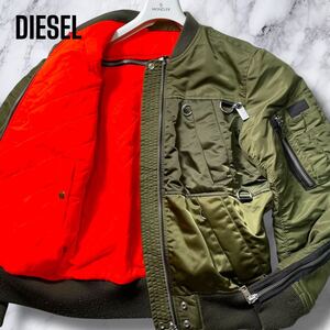 極美品!!!【L相当】DIESEL MA-1 フライトジャケット ダウン 中綿 ロゴプレート マルチジップ 背面ロゴ ボンバー キルティング ディーゼル