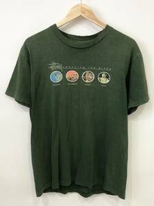 USA製 90s OLD STUSSY spannig the globe プリント Tシャツ 緑 紺タグ 古着 ヴィンテージ オールド ステューシー SIZE：M■0529Z