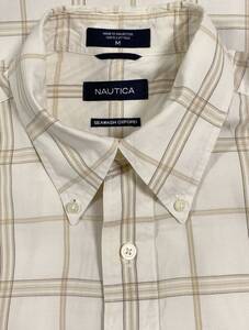 閑散期sale NAUTICA 白にベージュ系チェック 長袖ボタンダウンシャツ M (US-FIT) 訳あり.難あり輸入古着シャツ 特価セール H-267