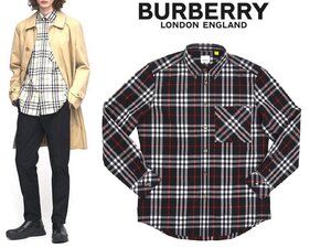 9万新品◆M◆BURBERRYバーバリー◆チェック柄 コットンポケット付きボタンダウン長袖シャツ 黒マルチカラー「CAUSEY」1円