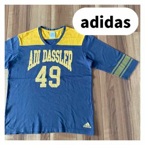 adidas アディダス Tシャツ 半袖 五分袖 フットボールT ビッグロゴ Vネック グレー サイズO 玉mc1380