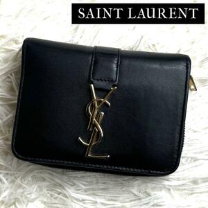 YSL SAINT LAURENT サンローラン YSLラインラージジップウォレット 二つ折り財布 コンパクト財布 カーフレザー ブラック 532867