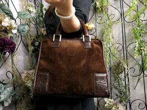 ●超美品●LOEWE ロエベ●アマソナ●アナグラム●スエード クロコダイル 型押し レザー 本革●ハンド バッグ●ブラウン●SV金具●Js51963