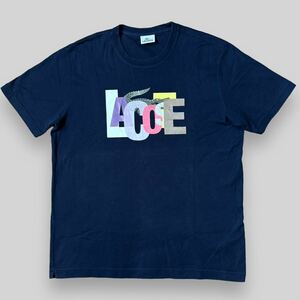 希少！！ LACOSTE ラコステ マルチ ビッグロゴ 半袖 Tシャツ 紺 5 ( L - XL ) ロゴ デカワニ 刺繍 でかワニ フレンチラコステ フランス 