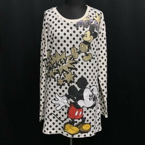 UNIQLO × Disney★ミッキーマウス/ドット柄/ロング丈/長袖Tシャツ/ワンピース【レディースL/白×黒】ディズニー/Tops/Shirts◆sBH897