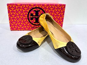 to-044★1円～中古現状品【TORY BURCH トリーバーチ】フラットパンプス イエロー系×ブラウン系 size:6.5 エナメルパンプス バレエシューズ