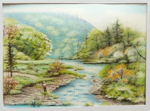 色鉛筆画・ネコポスサイズ・風景画・自然画 山岳風景 釣り　(98×140) 絵画 イラスト