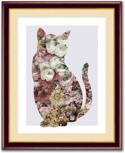 新品 額装付き 絵 アートポスター 猫 ネコ ねこ 花 猫の絵 額付き 壁掛け アートフレーム 絵画 インテリア 現代アート 豪華額装 42×34cm