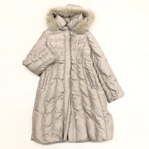 ★SILK DOWN COAT 豪華ラビット&フォックスファー付き シルク100% キルティング ダウンコート F グレージュ ロングコート 裏地総柄 女性用