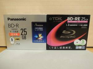 Panasonic BD-R 4倍速対応 25GB LM-BR25LP5 と TDK BD-RE 2倍速対応 BEV25PWA5S 未使用・未開封ですがパッケージ痛み・スレ等有