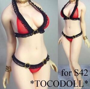 ＊toco＊Phicen/TBLeague用 S42 ホルターフリル ビキニセット バックルアクセント付き /レッド×黒